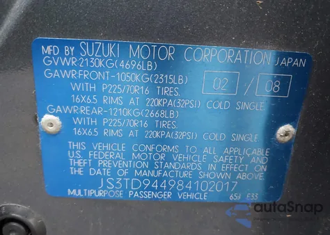 2008 Suzuki Grand Vitara Xsport z USA, uszkodzony, nr VIN JS3TD944984102017